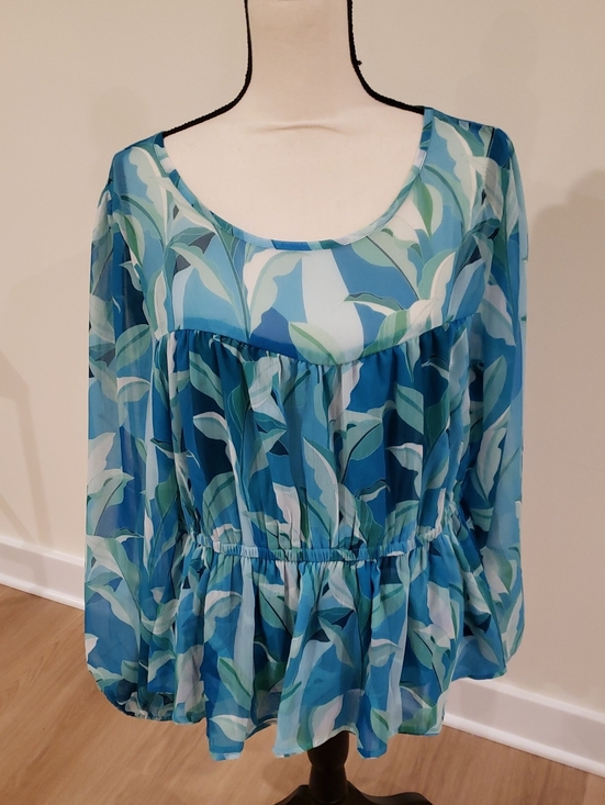 VENUS Tops - NEW VENUS Blue & Aqua Leaf-Print Sheer Blouse